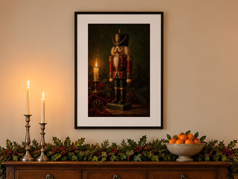 Candlelit Nutcracker, framed on a wall
