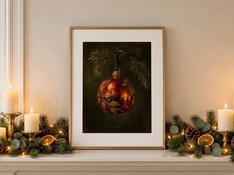 Candlelit Christmas Bauble, framed on a wall