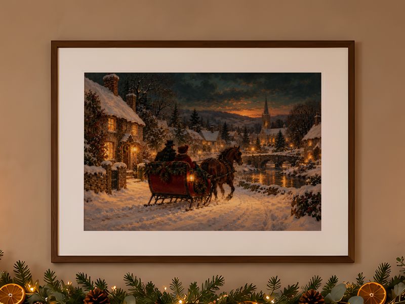 Sleigh Through a Snowy Village, framed on a wall