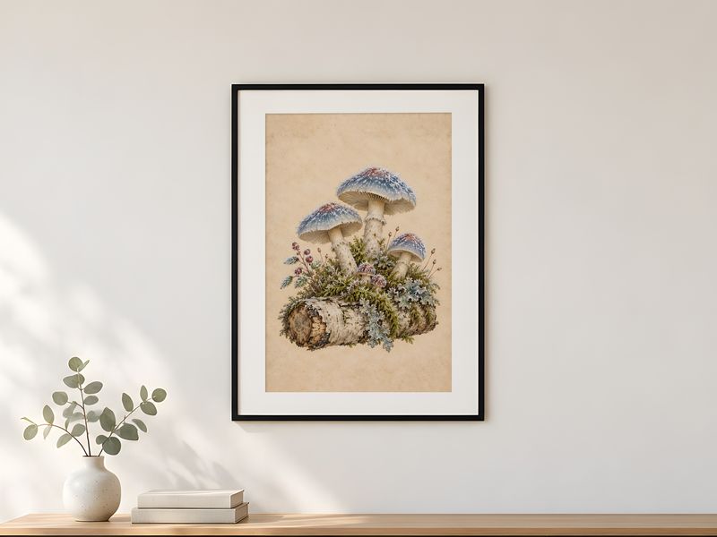 Frosted Mushroom Botanical, framed on a wall