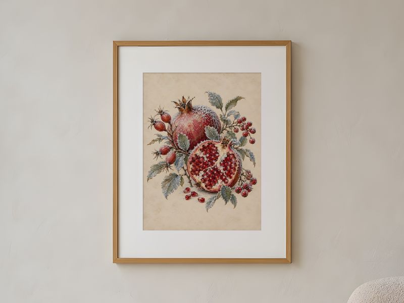 Frosted Pomegranate Botanical, framed on a wall
