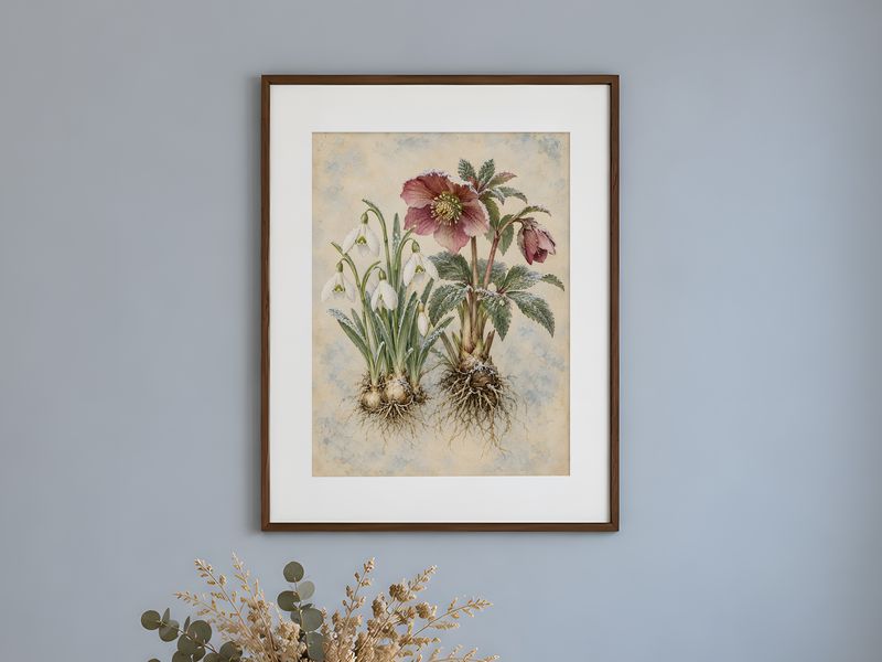 Snowdrops and Hellebore Botanical, framed on a wall